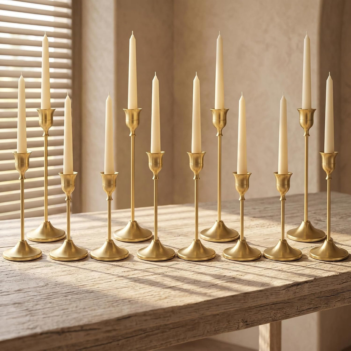 Name Lifestyle Brushed Gold Metal Taper Candle Holder Set studio product photo