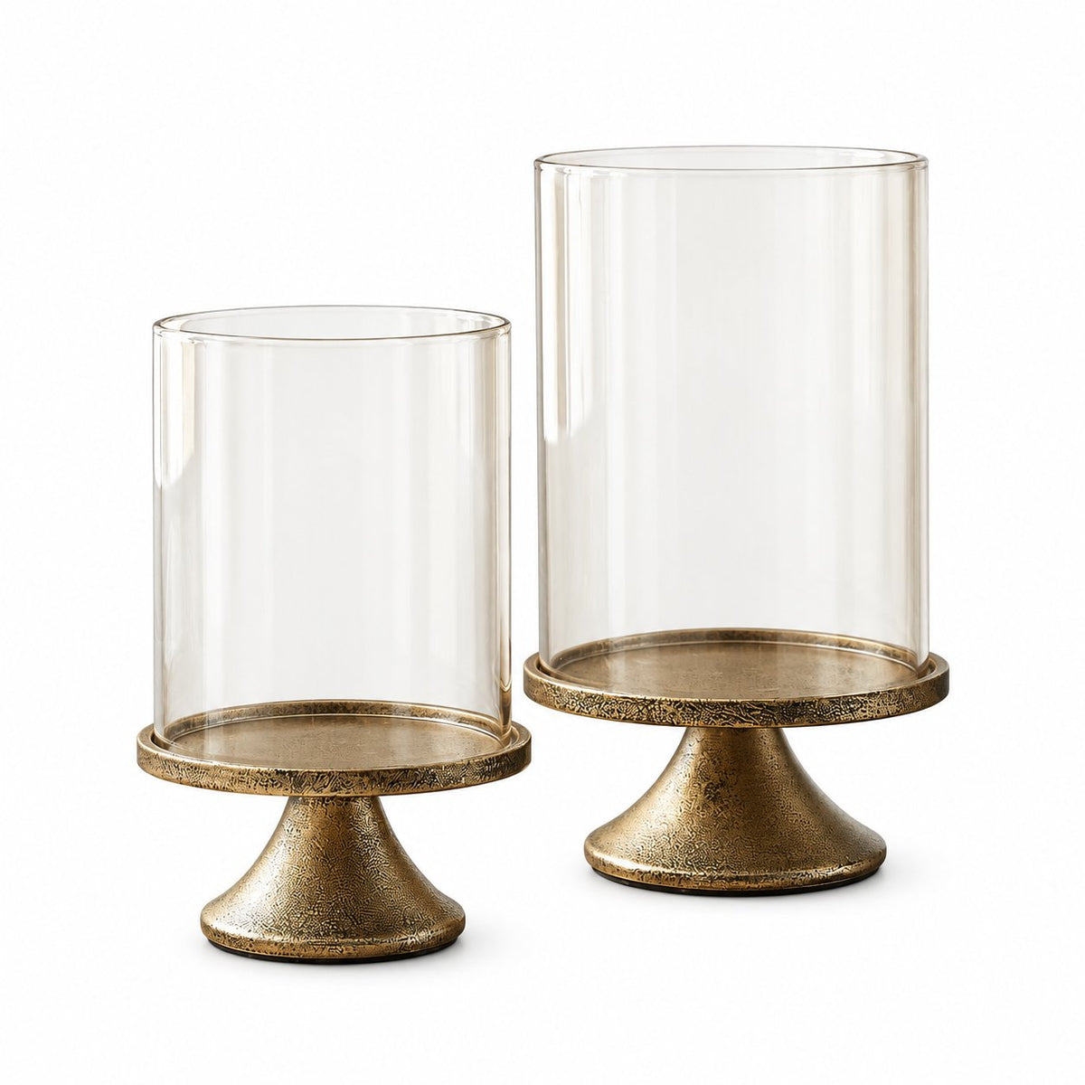 Name Lifestyle Vintage Brass Hurricane Candle Holders with Clear Domes studio product photo