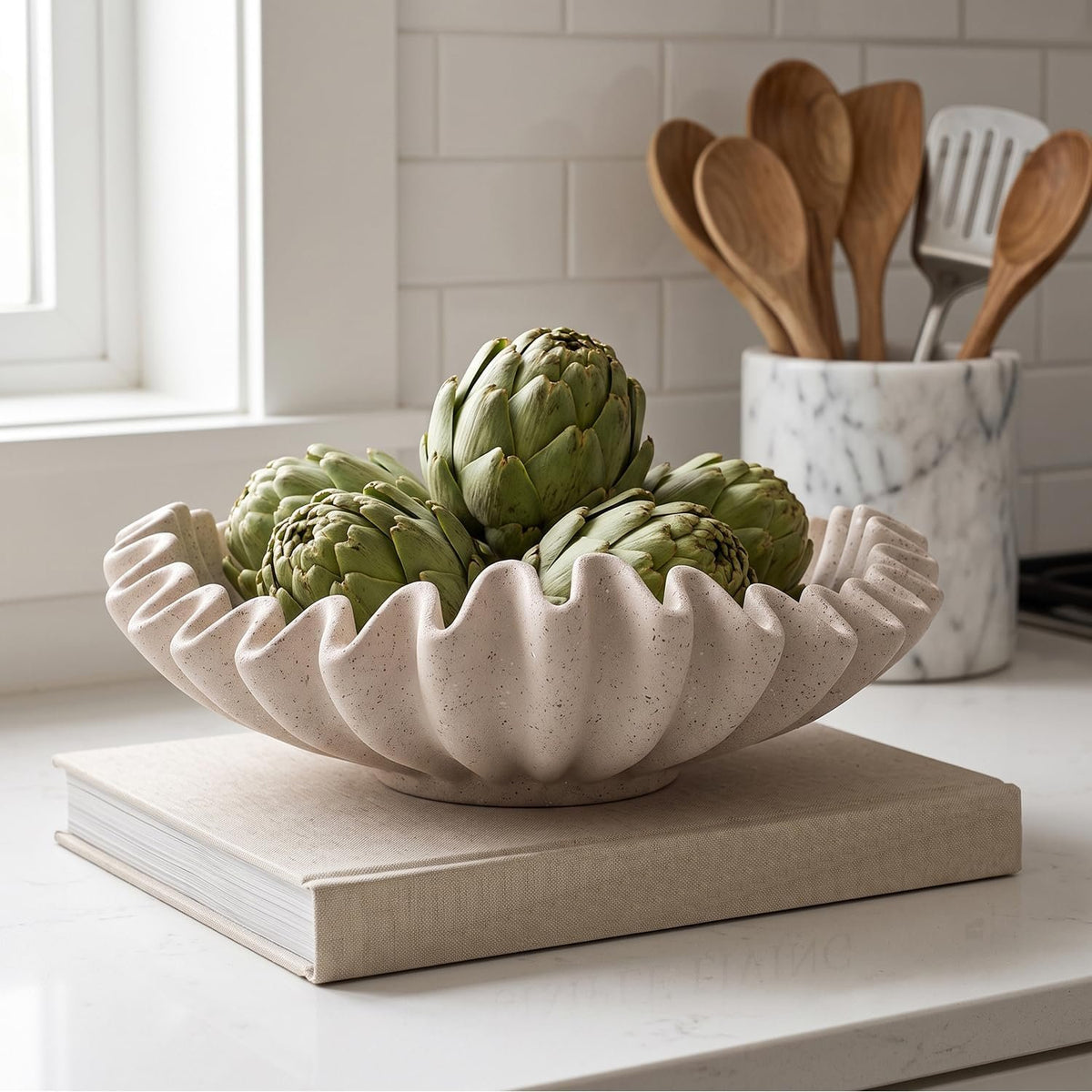 Name Lifestyle Beige Speckled Ruffled Resin Bowl studio product photo