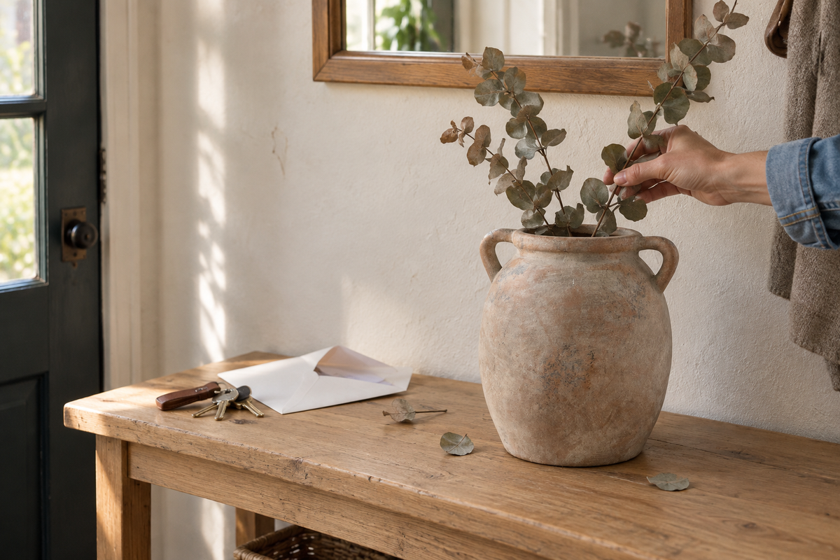 A hand arranging branches in a double-handled ceramic vase on an entryway table.