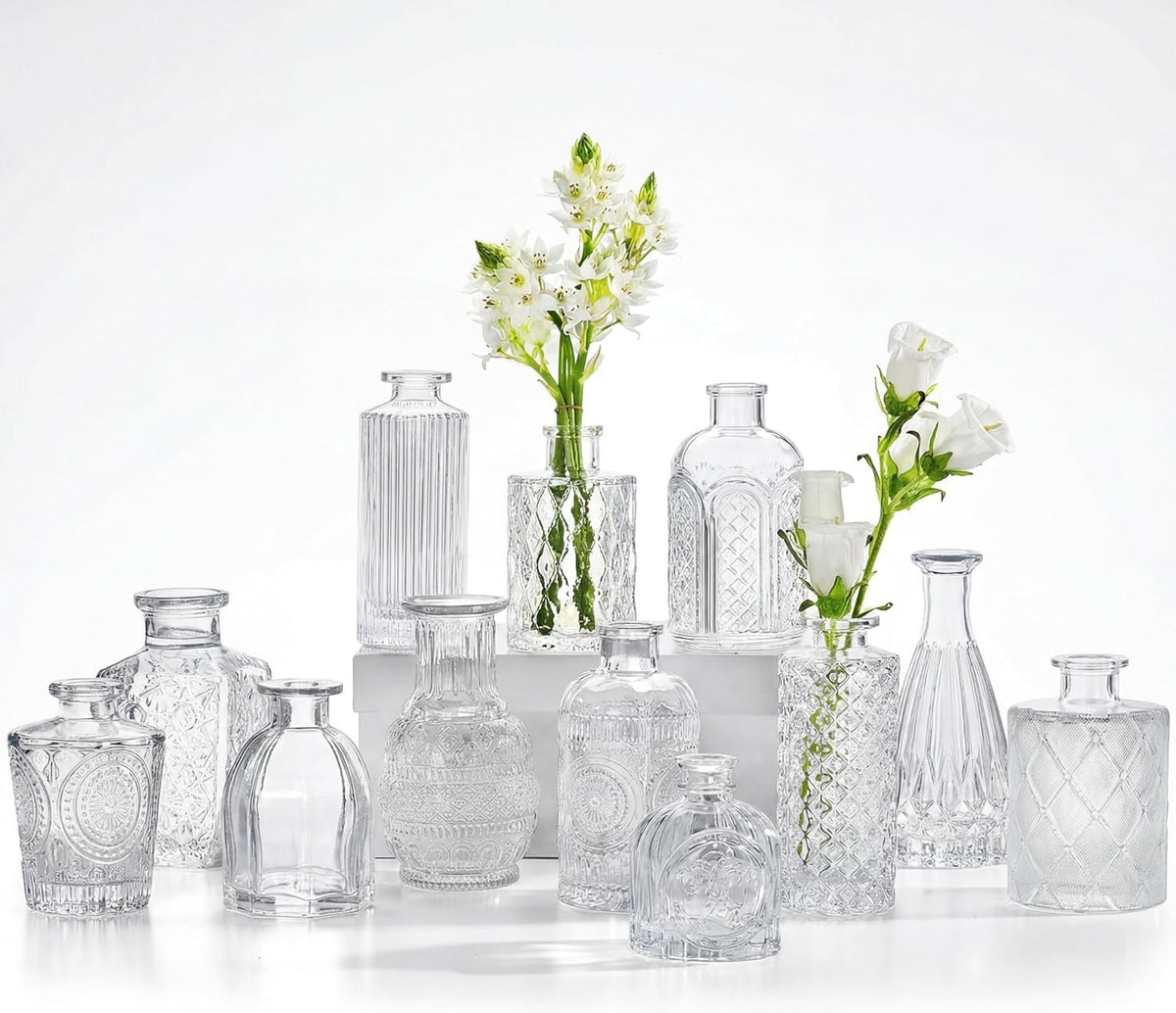 Name Lifestyle Clear Etched Glass Bud Vase Set studio product photo