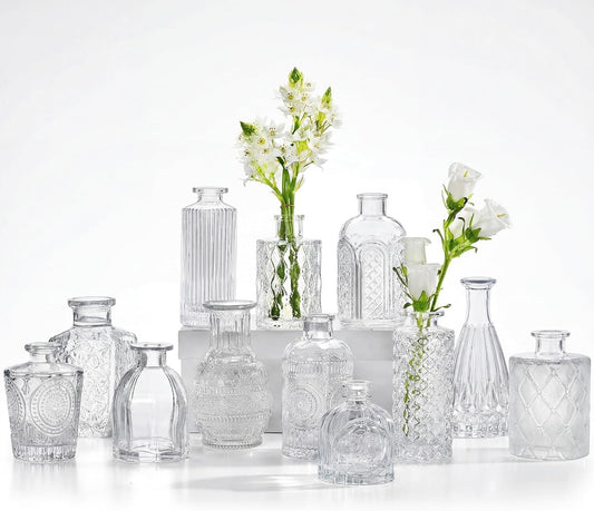 Clear Etched Glass Bud Vase Set studio product photo