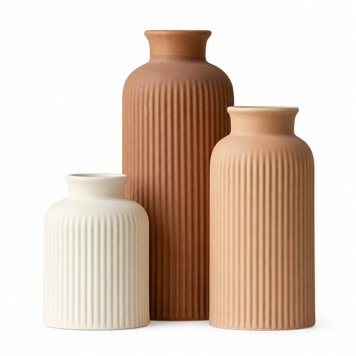 Name Lifestyle Ribbed Ceramic Vase Set in Coffee Tones studio product photo