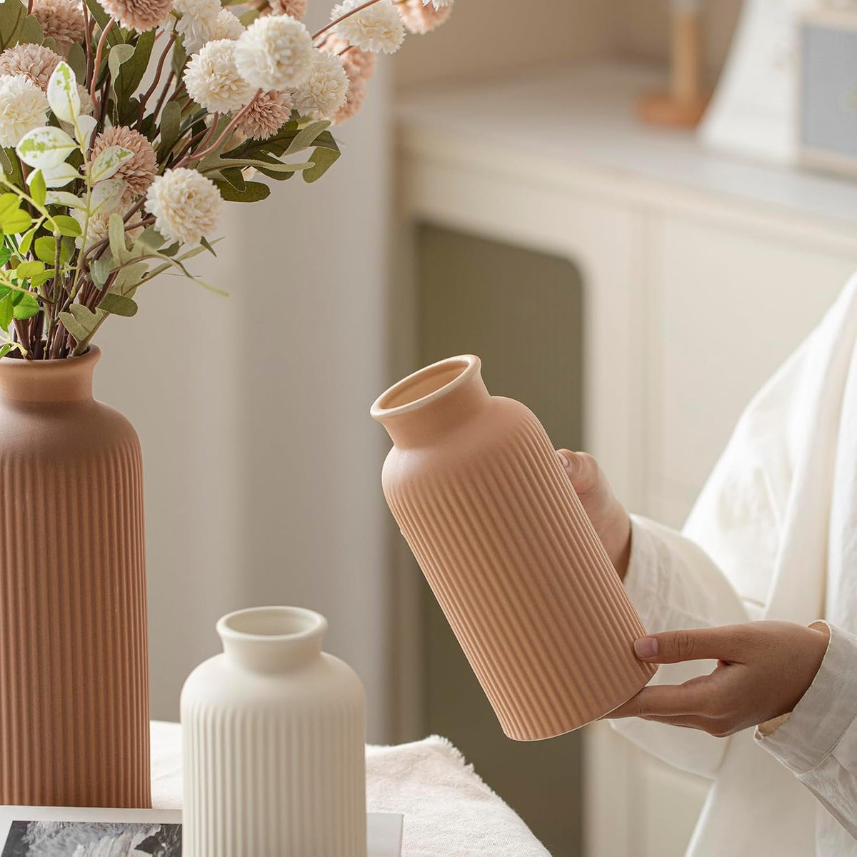 Name Lifestyle Ribbed Ceramic Vase Set in Coffee Tones additional product photo